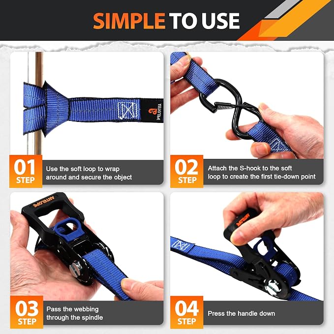 Ratchet Tie Down Straps Set, 5250 LBS Breaking Strength, 2 Pack 1.5" x 15' Heavy Duty Ratchet Straps, Cargo Strap, Motorcycle Straps for Trucks, Bicycle, Kayak, Moving, Tie Downs with S Hooks, Blue