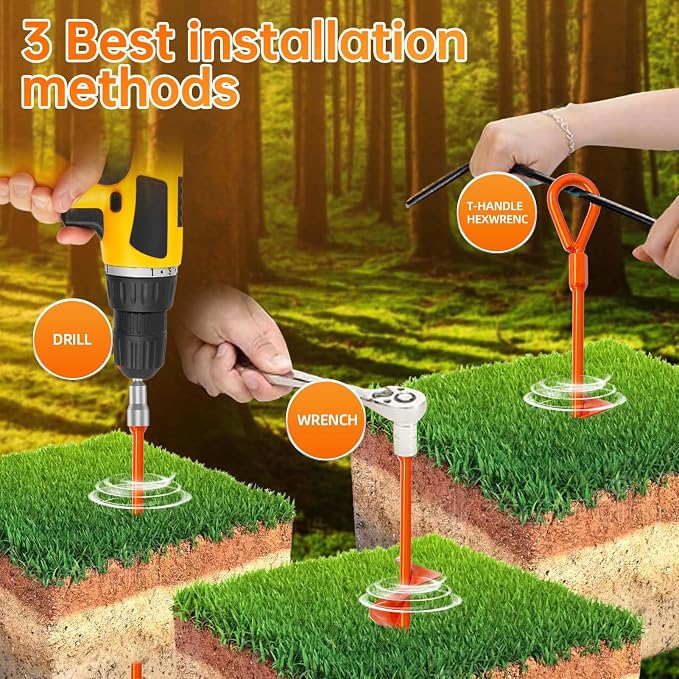 Dongxw Ground Anchors, Shed Anchor Kit - 15 Inch, 4-Pack Spiral Stakes, Ground Anchors Heavy Duty - Strong Wind Resistant for Camping Tents, Carports, Swing Sets, and Canopies - Earth Anchors (Orange)