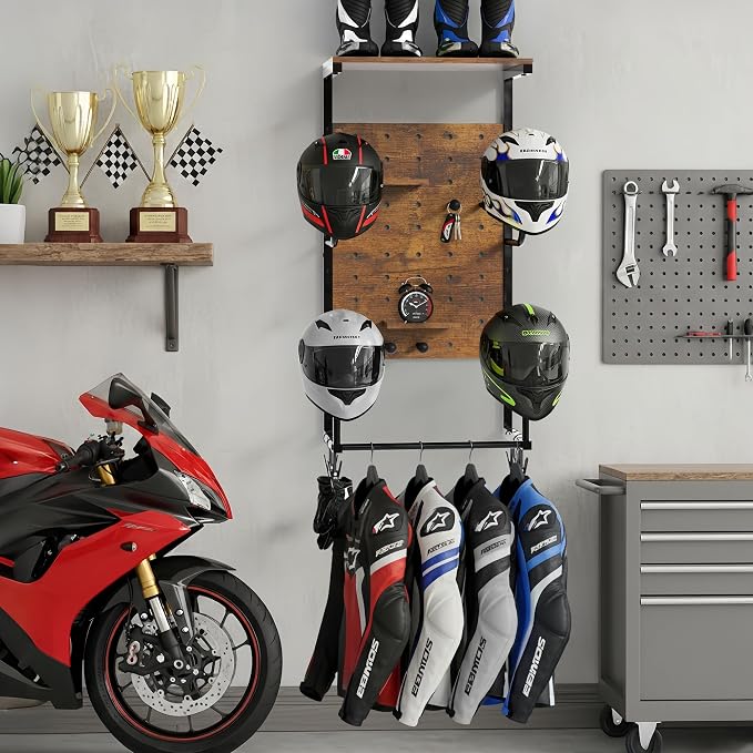 Helmet Holder Wall Mount, Motorcycle Helmet Stand, Motorcycle Accessories Display, Wall-Mounted Helmet Storage Rack with 4 Glove Clips
