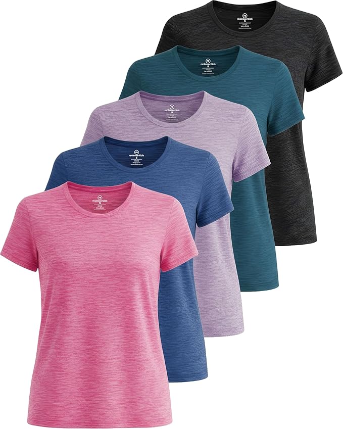 Real Essentials 5 Pack: Women's Short Sleeve T-Shirts Workout Tops Fitness Pilates Gym Activewear Athletic (Plus Available)