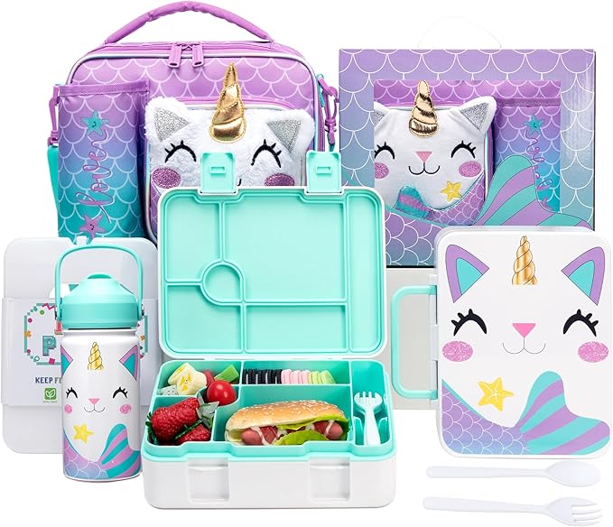 Unicorn Lunch Box for Girls Bento Box for Kids with Ice Pack,Stainless Steel Water Bottle Set Utensils Set Food Container for School Girls Kids Back to School Supplies