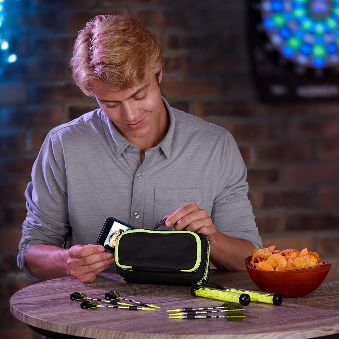 Casemaster Plazma Pro, 6 Dart Case for Soft and Steel Tip Darts, Features Large Front Mobile Device Pocket, Built-In Storage Tubes and Pockets for Flights, Tips, Shafts, and Personal Items