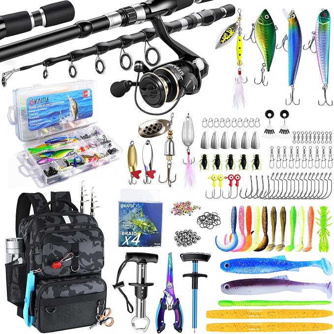 Fishing Backpack with Tackle Boxes and Rod Holder, 24L Fishing Sling Bag with Fishing Lures Kit, Fishing Gear Bag Gifts for Men Women - Camo Black Backpack