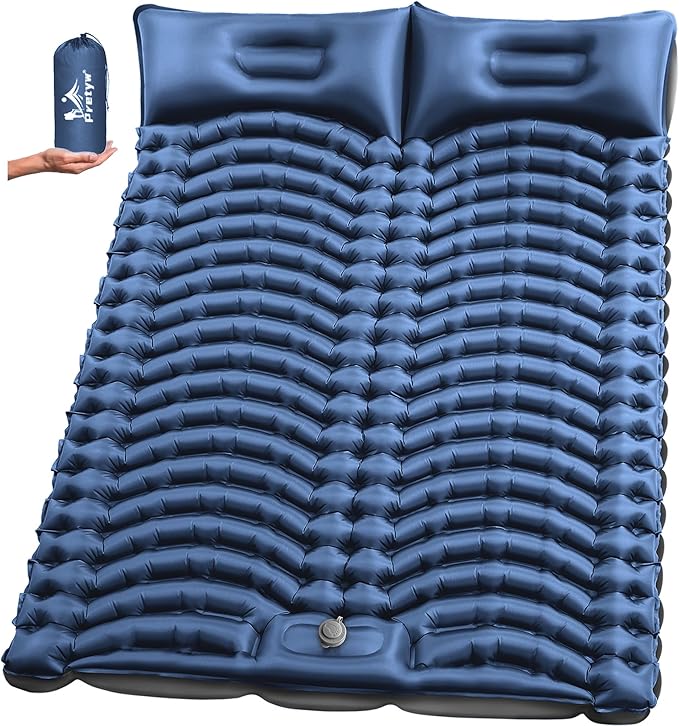 Double Sleeping Pad for Camping - Ultralight Air Mattress with Pillows, Built-in Foot Pump, Compact Inflatable 2-Person Portable Mat for Backpacking, Hiking, Tent, Car Travel, Beach，Road Trip