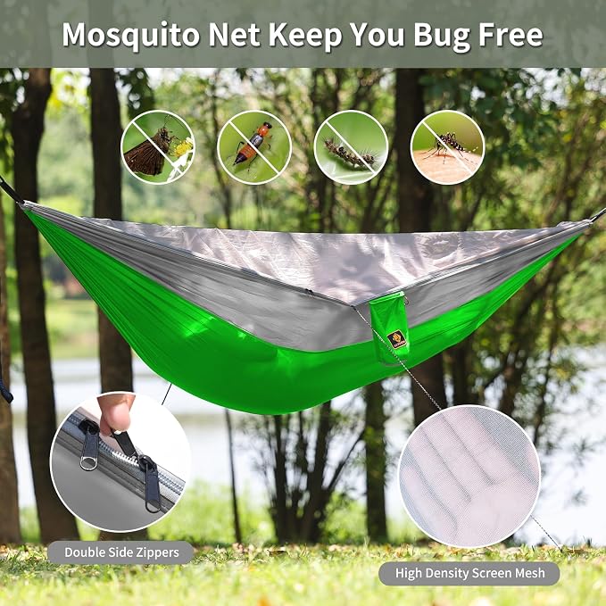 Camping Hammock, Portable Hammocks with Mosquito Net,Lightweight Nylon Parachute Hammock with 10ft Tree Straps,Camping Gear Must Haves for Travel Hiking Backpacking Beach Patio-Red&Grey