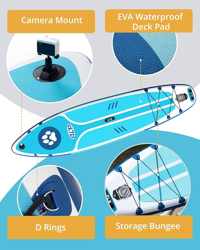 ZLX Inflatable Stand Up Paddle Board, 10'6" SUP Non-Slip Stable Deck Pad, Unique Center Fin, Premium Accessories, Paddleboard for Adults, Beginners, All Skill Levels