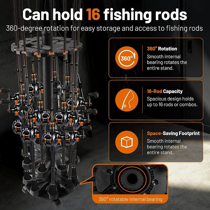 Rotating Fishing Rod Holder, Floor Rack Holds Up to 16 Rods & Combos, Space-Saving Fishing Pole Holders with Foam, Rod Holders for Garage Storage, Fishing Gifts, Birthday Gifts for Fishermen