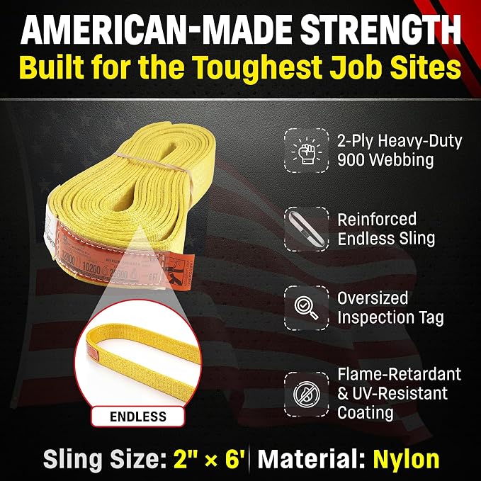 DD Sling 2" x 6' Nylon Endless Lifting Sling – USA Made, 12,800 lb Vertical, 10,200 lb Choker, 25,600 lb Basket – 2 Ply Heavy Duty 900 Webbing, Type 5 Endless Rigging Sling