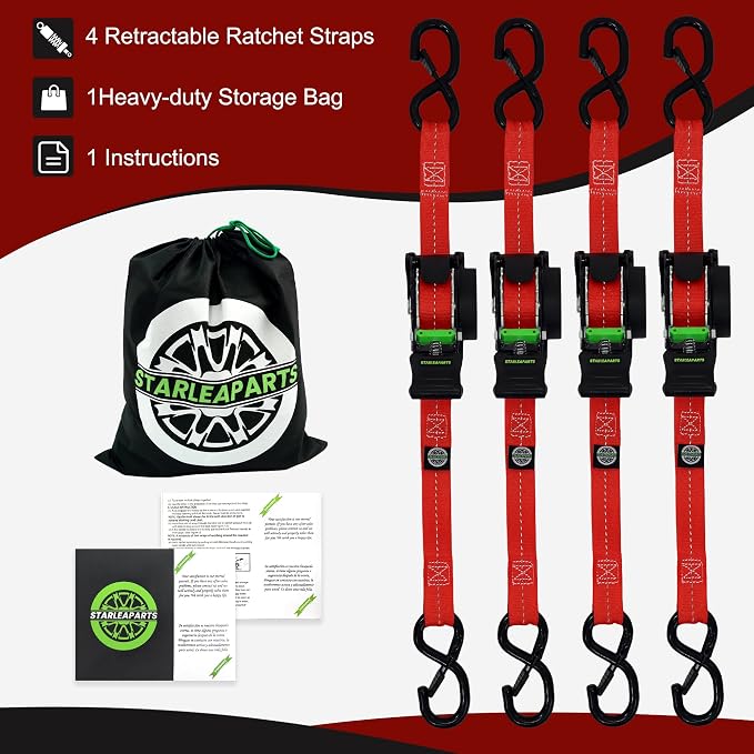 Retractable Ratchet Straps(4PK 1.0INX12FT) - 1,500lb Break Strength, Ratchet Strap Heavy Duty with Rubber Coated Handle, Perfect Auto Ratchet Straps for Motorcycle,Trucks (Red)