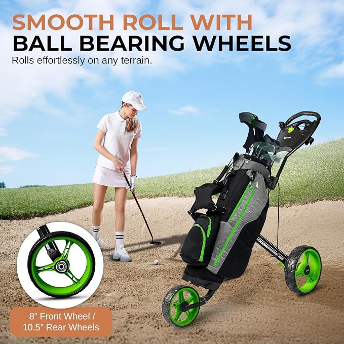 Jovial Foldable 3 Wheel Junior Golf Push Cart, Lightweight Aluminum Pull Cart with Scorecard Holder, Adjustable Handle, Quick Brake System, Compact Folding Golf Trolley with Strap, Easy Storage