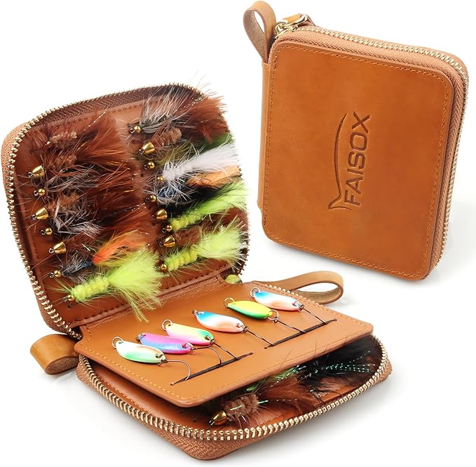 Lure Fly Fishing Leather Wallet Tackle Box Storage Spinner Bait Spoon Lures Flies Streamer Dry Fly Box Display Pocket Case Gifts for Men, Women (Size: 4.5"x3.9"x 0.7")