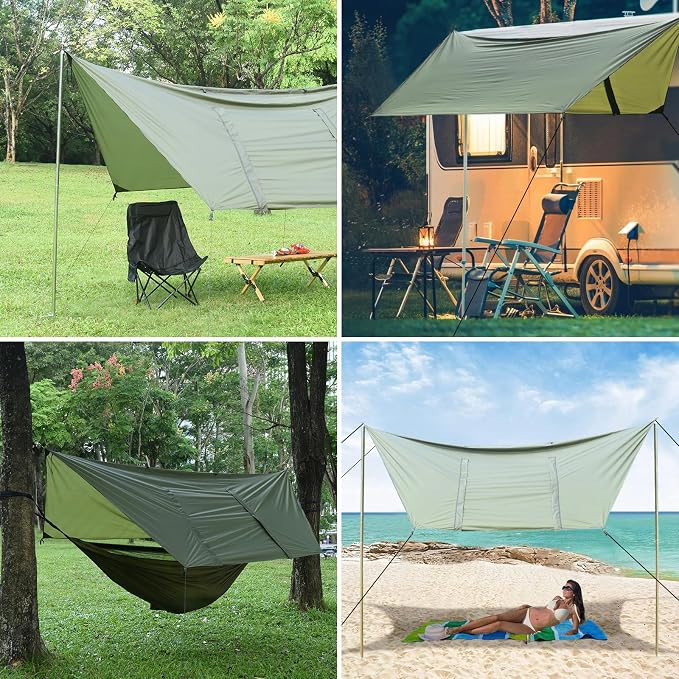 Hammock Rain Fly Tent Tarp (11x9ft) Large Ultralight Camping Tarps Waterproof Portable Backpacking Multifunctional Rain Cover for Outdoor Hiking, Picnic, Hammock, Car, Backpacking