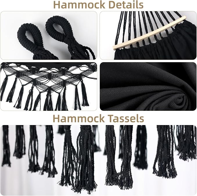 Bellzacasa Double Hammock, Heavy Duty 500 lb Load Capacity Tassels and Fishtail Knitting Portable Camping Hammocks with Mounting Straps for Outdoor Camping Patio Balcony Black