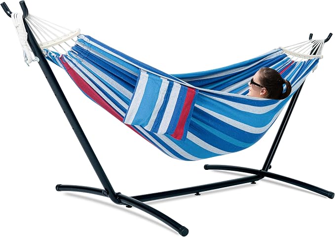 GAFETE Double Hammock with Stand for Outside, Upgraded Spreader Bar, Heavy Duty Space Saving Steel Stand 2 Person, Convenient Pocket, Easy Assembly, 600lbs Weight Capacity, Indoor & Outdoor (Rider)