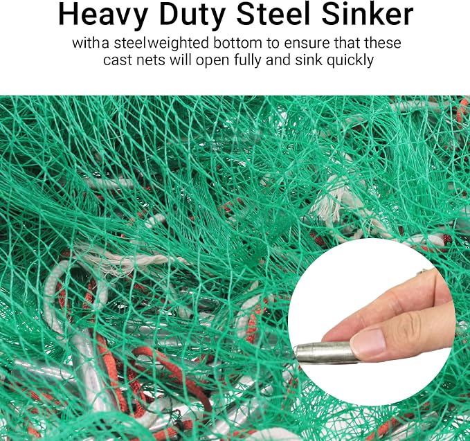 Nylon Monofilament Cast Net, 4FT/6FT/7FT/8FT/9FT/10FT/12FT American Style Hand Throwing Fishing Net with Iron Chain Weights for Saltwater and Freshwater