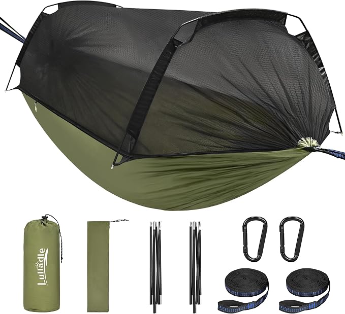 Lulladle Camping Hammock - 500lbs Capacity Portable Hammock with 2 Tree Straps and with Mosquito Net,Nylon Hanging Hammock Easy Setup and Pack for Outdoors Camping,Backpacking,Hiking - Double/Single