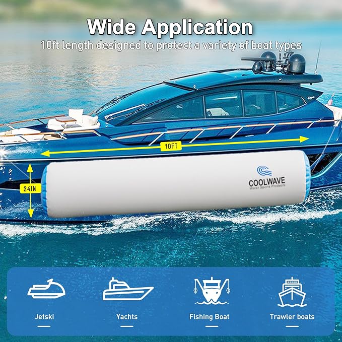 COOLWAVE 6FT/10FT Inflatable Boat Fenders, Upgraded Inflatable Boat Bumper for Docking, Heavy Duty Dock Fender with Storage Bag, Dock Bumper for Fishing Boats, Jet Skis, Yachts, 1Pack