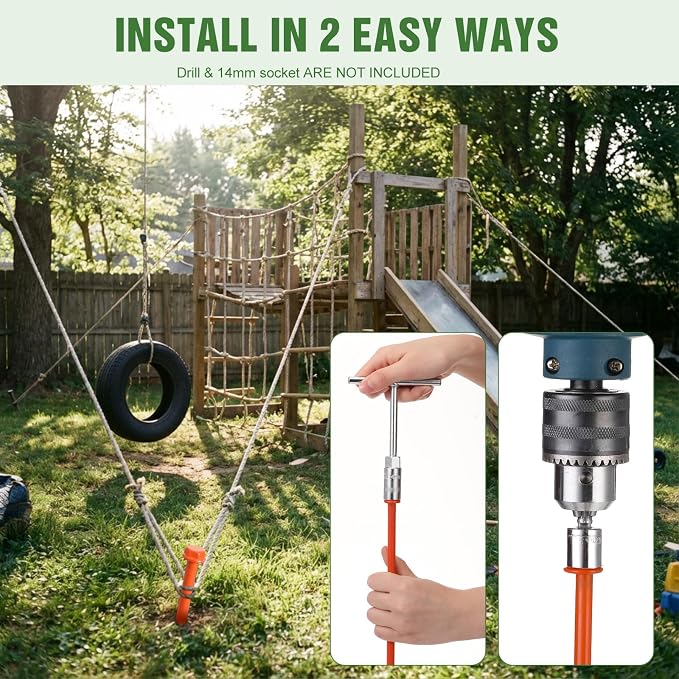 Hiboom 4 Pcs Ground Anchors with T Handle Hex Wrench Trampoline Hook, Ground Anchor Screw in Kit, Inflatable Outdoor Decorations Accessories for Camping Tents Car Ports Canopies (Orange,16 Inch)