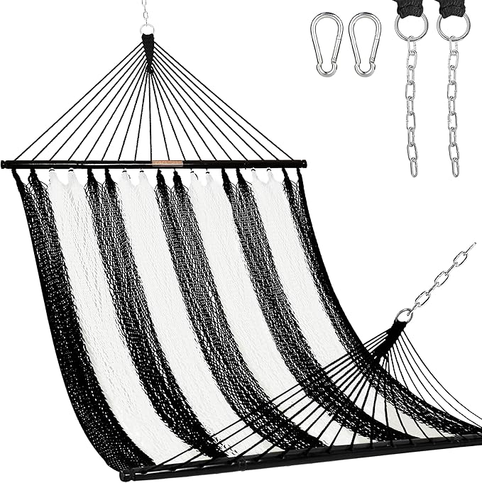Lazy Daze Hammocks 10.5 FT Double 2 Person Caribbean Rope Hammock, Hand Woven Polyester Hammock with Spreader Bars, for Outside Outdoor Backyard Patio Poolside, 450 LBS Capacity, Black/White
