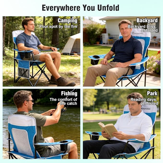 Camping Chairs, 300 LBS Breathable Mesh Lawn Chairs 2 Packs (Blue White) | High Back, Portable Outdoor Folding Camping Chairs for Adults, with Cup Holder for Picnic, Lawn, Beach, Fishing and Sports