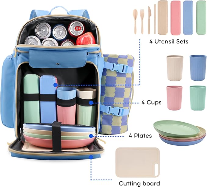 J World Picnic Backpack Cooler for 4. Insulated Picnic Basket Set with Folding Waterproof Blanket. Beach Camping Wedding Engagement Gift for Couples, Sky Blue