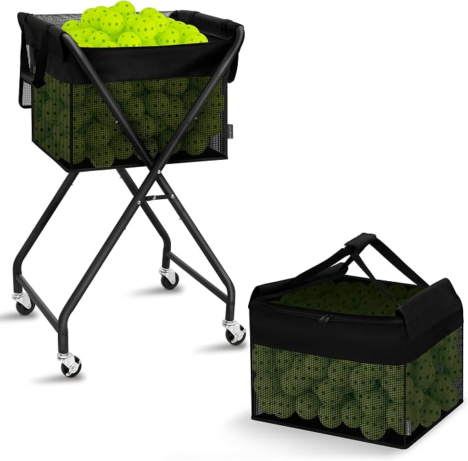 STORAGE MANIAC Foldable Tennis Ball Hopper Cart with Removable Ball Bag | Oxford & PVC Liner with Steel Frame, Holds 150 Balls, Portable Rolling Pickleball Training Cart, 20.7"L x 17.9"W x 35.8"H