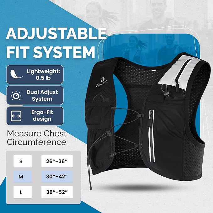 Apex Flow Running Vest for Men & Women, Adjustable Chest Straps, 9 Pockets Lightweight Reflective Hydration Vest with 500ml Soft Flask for Marathon