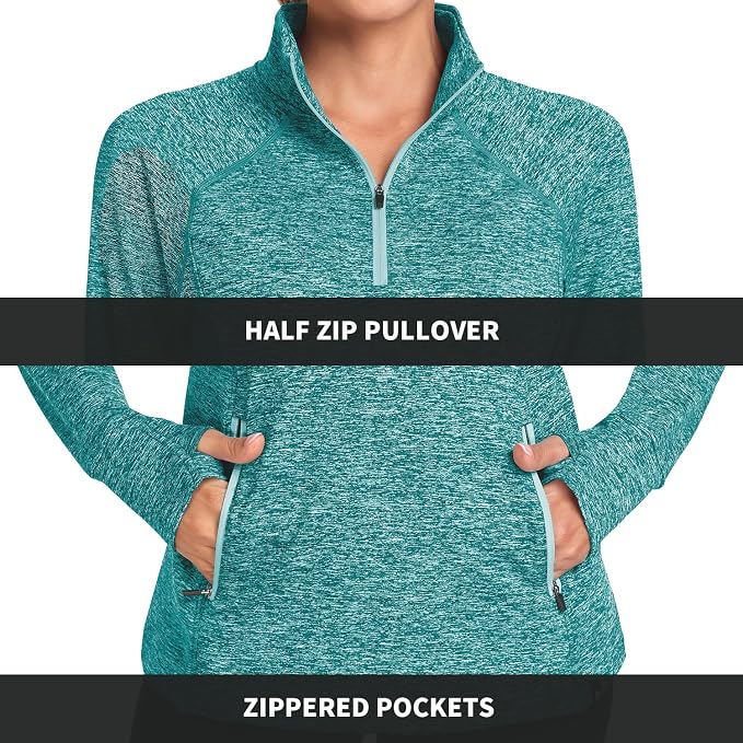 Soneven Women's Thermal Fleece Running Shirts Warm Winter Pullover Cold Weather Workout Hiking Tops with Thumb Holes Pockets