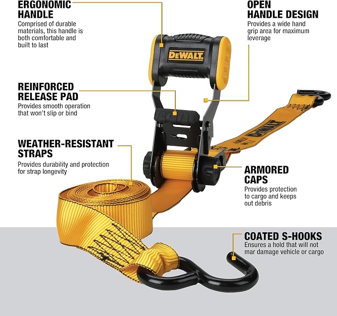 DEWALT DXBC18001 Black/Yellow 1.25" x 12' Ratchet Tie Down Strap - Light-Weight Cargo Hauling (1800 lb Break Strength)
