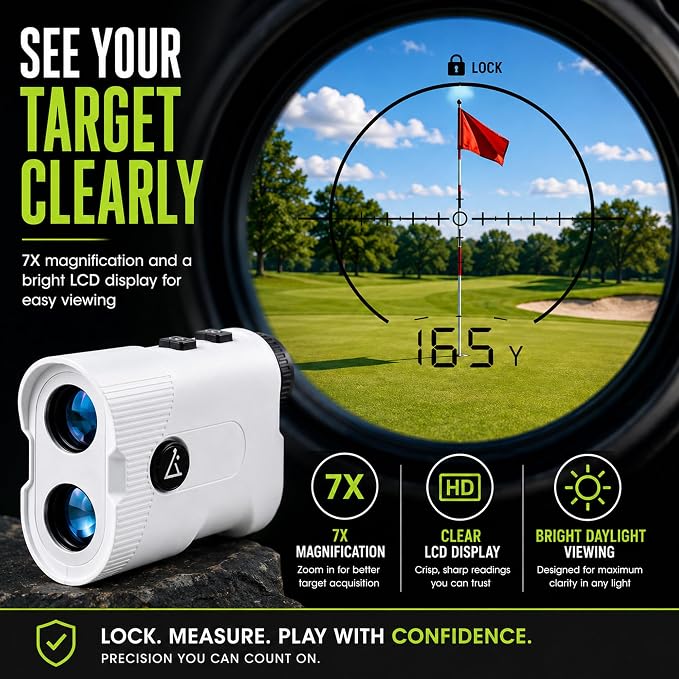 Lunai Golf Rangefinder with Slope, 1200-Yard Distance Finder | 7X magnification, flag lock vibration, magnetic strip, splash-proof body, USB-C charging, ±1M accuracy