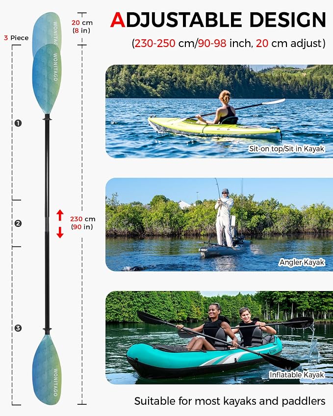 Kayak Paddle with Fiberglass Shaft and Reinforced Nylon Blade, Adjustable Kayaking Oars, 3 Piece, 230-250 cm/90-98 inches, 210-230 cm/82-90 inches