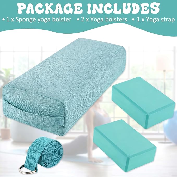 4 Pcs Yoga Bolster Pillows Blocks with Strap Set Comfortable Meditation Pillow with Carry Handle for Restorative Non Slip Reusable Yoga Blocks for Balance, Pilates, Washable Cover