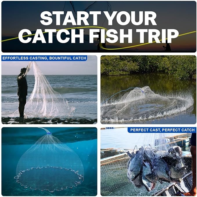 Goture American Fishing Cast Net Saltwater Freshwater, 3/8in Mesh Size Casting Net for Bait Fish Shrimp Trap, Dual Color Double Selvage Add Tape, Throw Cast Nets with Needle