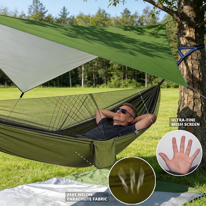 Camping Hammock with Rain Fly Tarp Mosquito Net Heavy Duty Tree Straps Portable Double Parachute Hammocks Tent Waterproof Rainfly Set