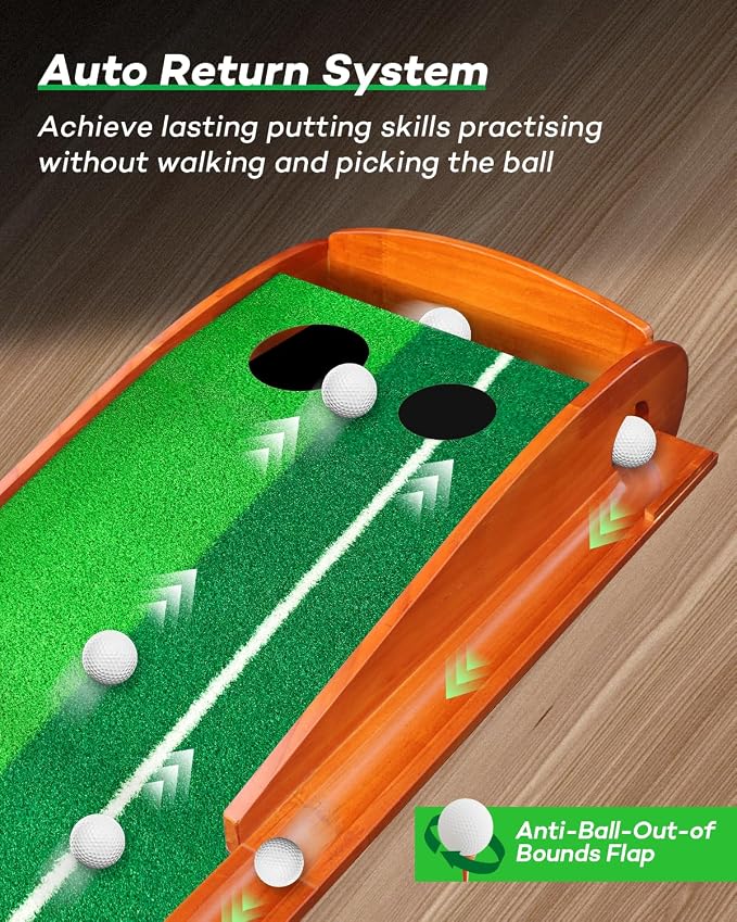 IDEASKY Golf Putting Mat, 9 Ft, Indoor | Auto Ball Return, Dual Holes, Alignment Guides, Gift for Men Daddy Golfer