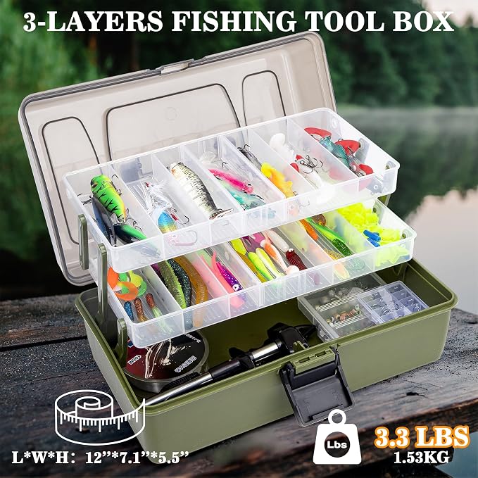 3 Layers Fishing Tackle Box with Tackle Included, 475 Pcs Fishing Lures Kit,Include Crankbaits Weights Hooks and other Accessories,Fishing Lure Bait Gear Kit,Gift for Men