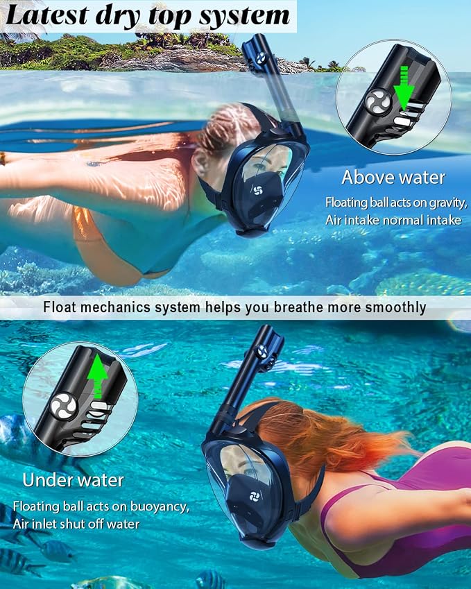 WSTOO Full Face Snorkel Mask, Dry Top Snorkeling Gear for Adults, 180° Panoramic Foldable Design with Camera Mount, Safe Mouth/Nose Breathing, Anti-Fog & Anti-Leak