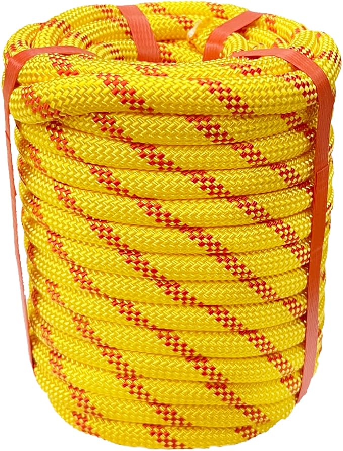 1/2 in x 50 ft Polyester Arborist Rigging Rope, Yellow Braided Tree Climbing Rope 48 Strands for Farm Work and Swinging