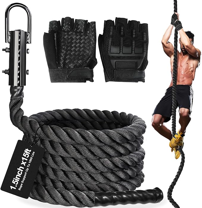 Climbing Rope Gym Workout - 1.5 Inch Dia 10FT 15FT 20FT 25FT 30FT 35FT 40FT 50FT Heavy Duty Work Out Rope Exercise Climbing Ropes for Adults Kids Fitness & Strength Training Outdoor & Indoor - Black