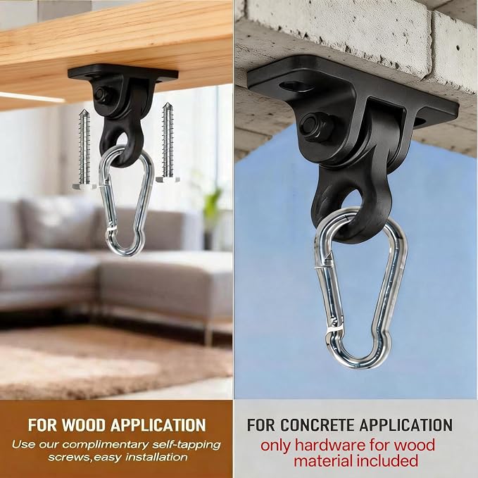 Heavy Duty Swing Hangers for Porch Wooden Sets Playground, 5000 lb Anti-Rust Aluminum Alloy Swing Hooks with Double Bearings Smooth Silent Rotation, Indoor Outdoor Hardware Kit Black 2 Pack