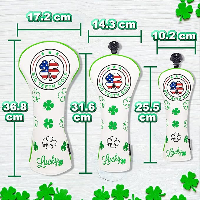 Big Teeth Golf Cover Lucky Clover Headcover Covers, Driver Fairway Wood Hybrid Headcovers Fits Blade Mallet Putter Iron and Woods with Magnetic White Shamrock Head Club Protector Leather