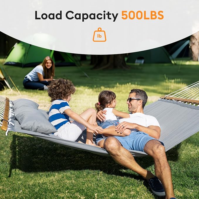 Everyfun Double Hammock with Spreader Bar,Soft Pillow,Max Load 500lbs,Portable Hammock for Outdoor,Camping,and Backyard,Dark Gray