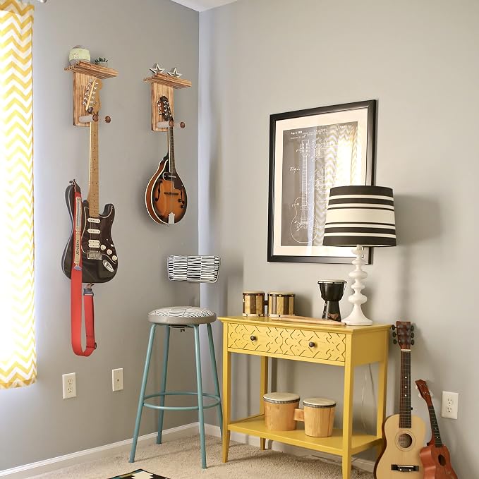 Keebofly Guitar Wall Hanger,2 Pack Guitar Wall Mount Holder Guitar Hanger Shelf with Pick Holder Solid Pine Wood Guitar Rack for Acoustic or Electric Guitar,Ukulele,Bass,Mandolin Brown，[Patented]