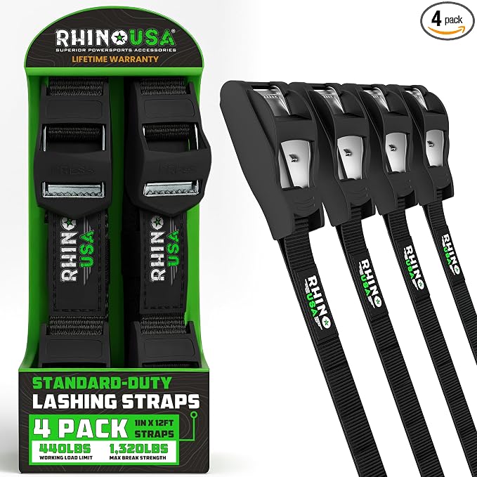 Rhino USA Lashing Straps (4-Pack), Heavy Duty Cam Buckle Tie Down Straps, 1in x 12ft Pull Straps, 1320lb Break Strength, Roof Rack Straps for Kayak, Cooler, Cargo