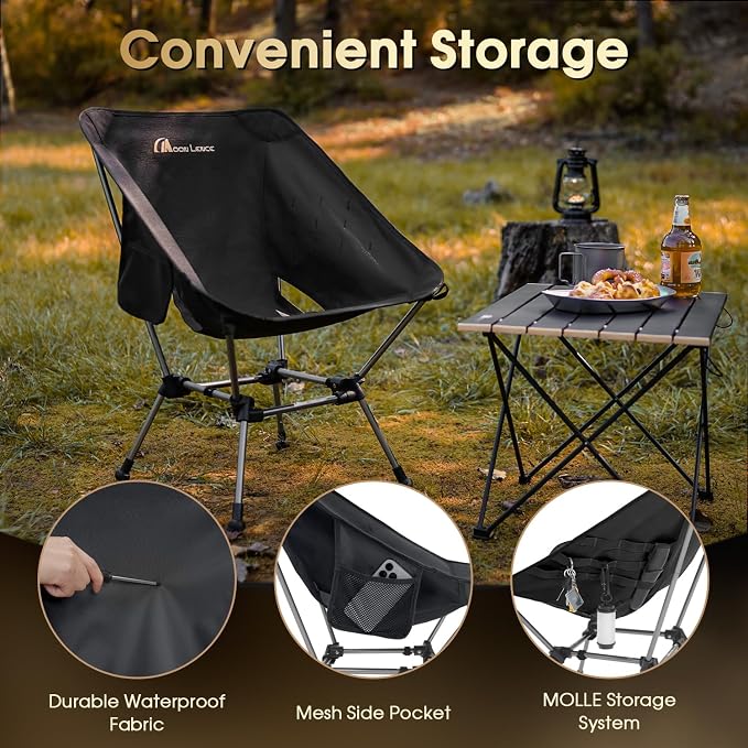MOON LENCE Portable Camping Chair Plus, Larger & Roomier, Compact and Lightweight Still, Folding Chair for Backpacking & Hiking, 330Lbs Capacity (Black-2pack)