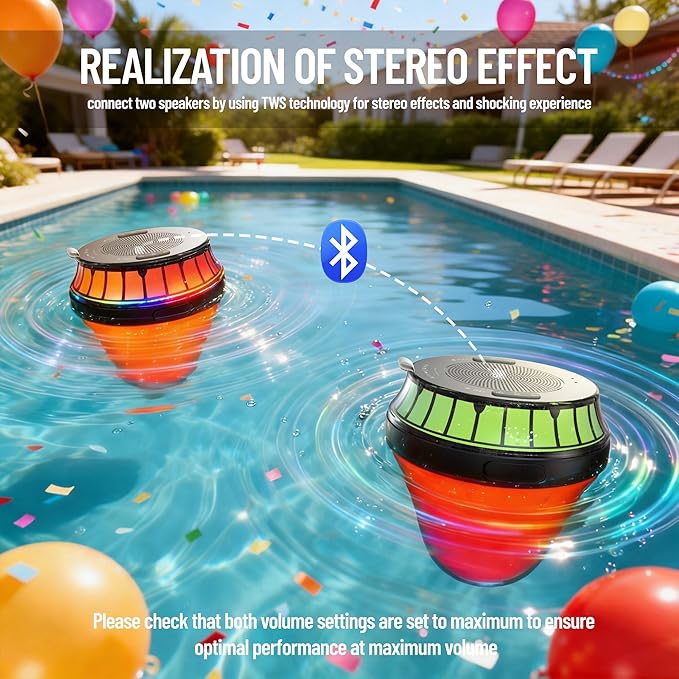 Floating Speaker for Pool, IPX7 Waterproof Floating Hot Tub Speaker with Colorful Lights, 15W Stereo Loud Sound, TWS, Portable, Wireless Must Have Gifts for Shower, Spa, Beach