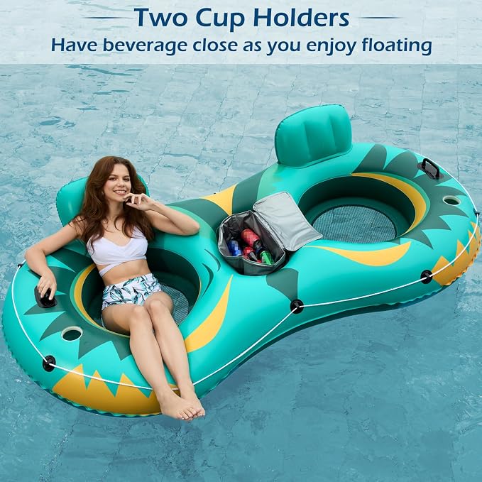 Jasonwell Inflatable River Tube Float - 2 Person Heavy Duty River Float Pool Floats with Removable Cooler Lake Water Tubes for Floating River Raft Lounge Floatie with 2 Cup Holders for Adults (Green)
