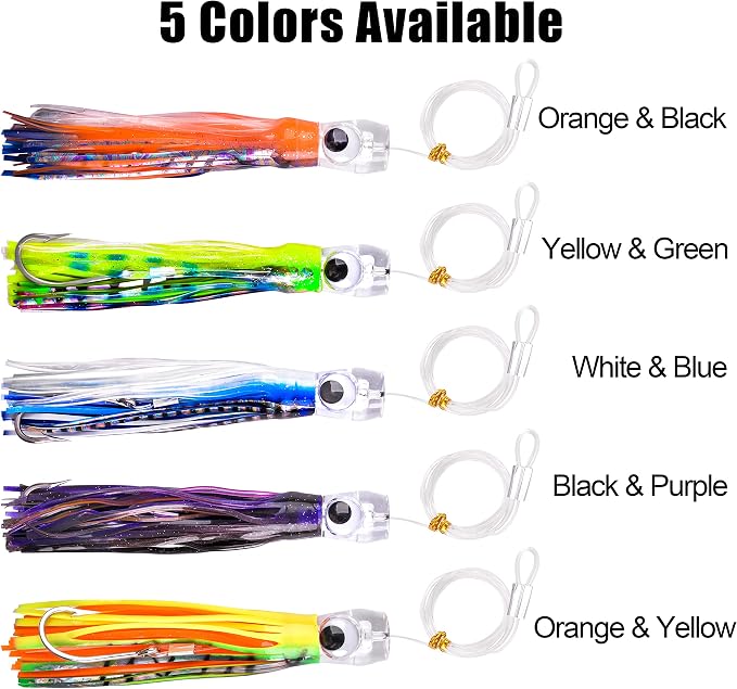 Trolling Lures Saltwater for Tuna Mahi Marlin Wahoo Dolphin Shark Offshore Trolling Baits with Squid Skirt Big Game Fishing Lures Deep Sea Squid Skirts Rig 6/9 inch