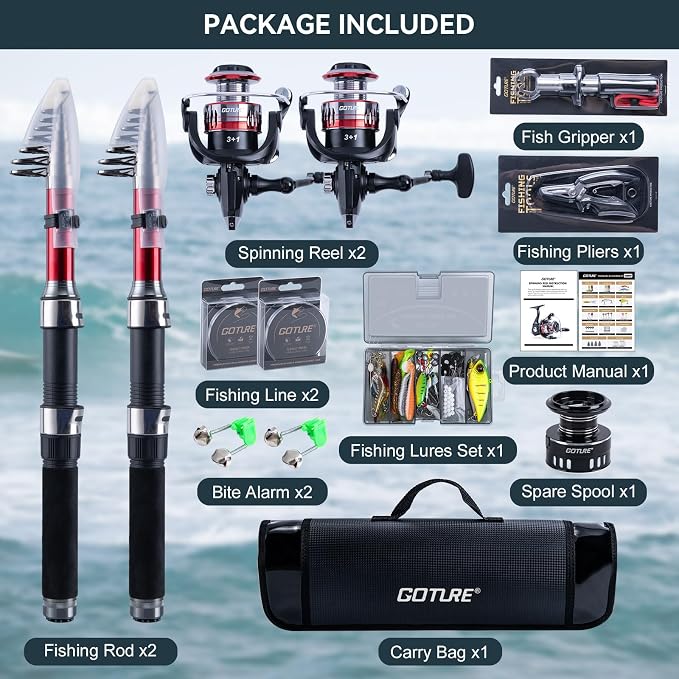Goture 2-Pack Fishing Rod and Reel Combo with Carrier Bag,1.8M-2.7M | 2PCS Telescopic Fishing Pole,2PCS Spinning Reel,Line,Lures,Pliers,Gripper, for Saltwater and Freshwater Travel,Starter Kit