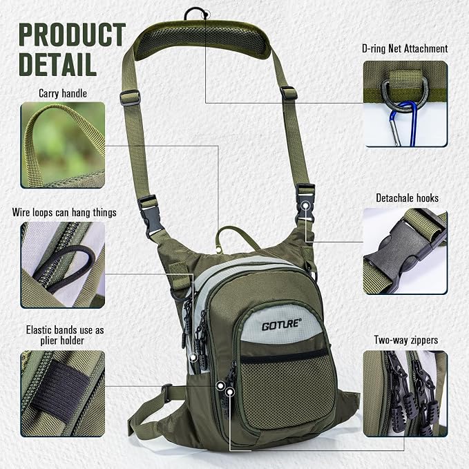 Goture Fly Fishing Chest Pack, Lightweight Chest Pack Tackle Storage Bag, Fly Fishing Waist Pack, Fly Fishing Bag with Adjustable Padded Waist Strap and Neck Strap, Fits Up to 2 Tackle/Fly Boxes